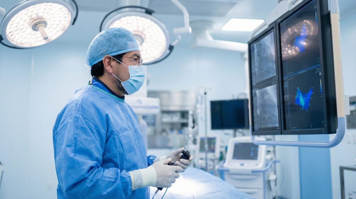 El Dr. Nicolás Reyes Reyes, cardiólogo electrofisiólogo, durante un procedimiento en la sala de electrofisiología