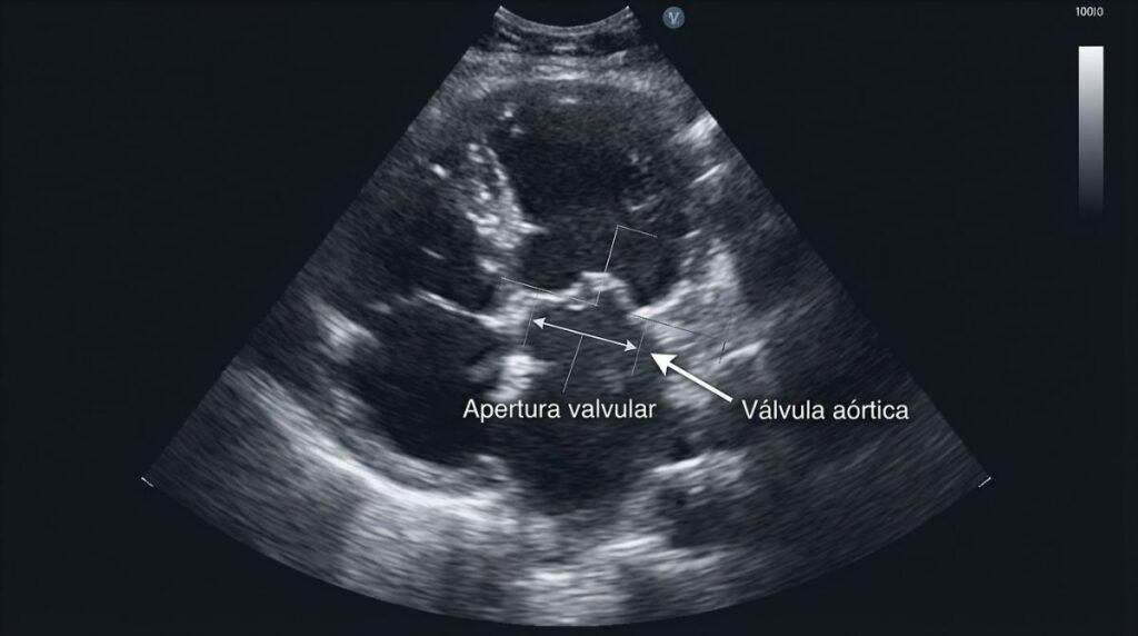 Imagen de un ecocardiograma en la que se señala la válvula aórtica