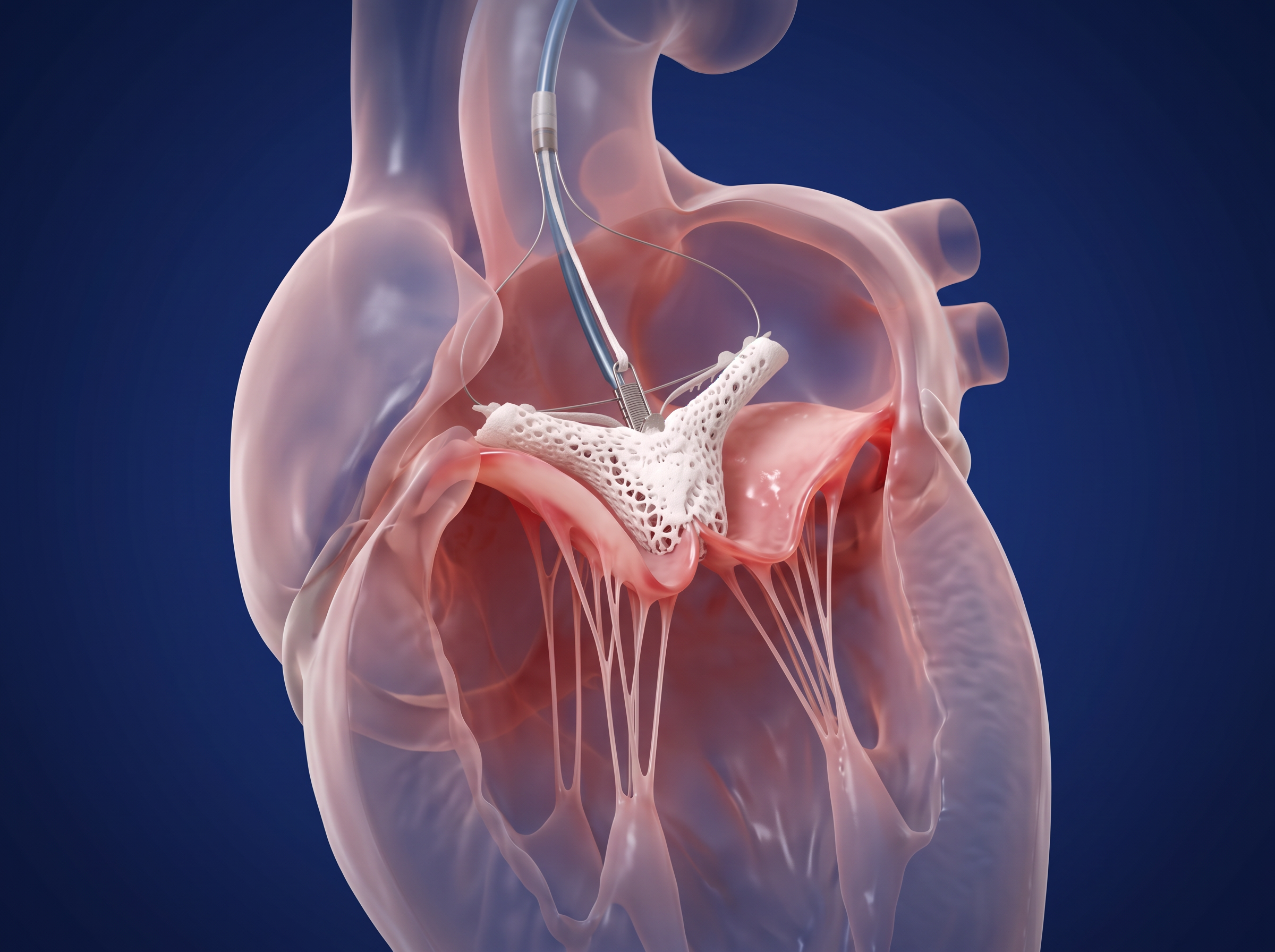 Ilustración de MitraClip uniendo las valvas de la válvula mitral con un catéter dentro del corazón