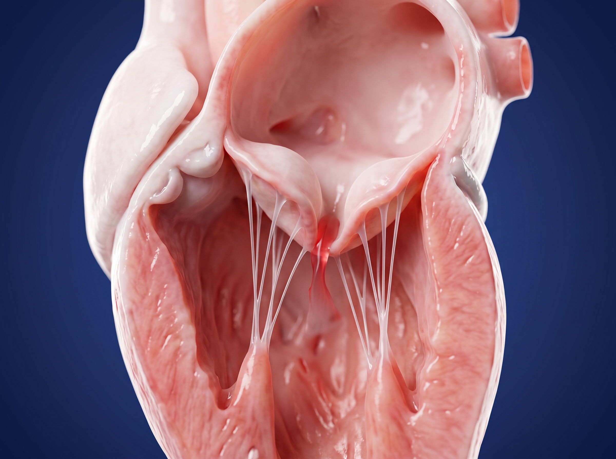 Corte del corazón que muestra el prolapso de la válvula mitral con las valvas abombadas hacia la aurícula izquierda