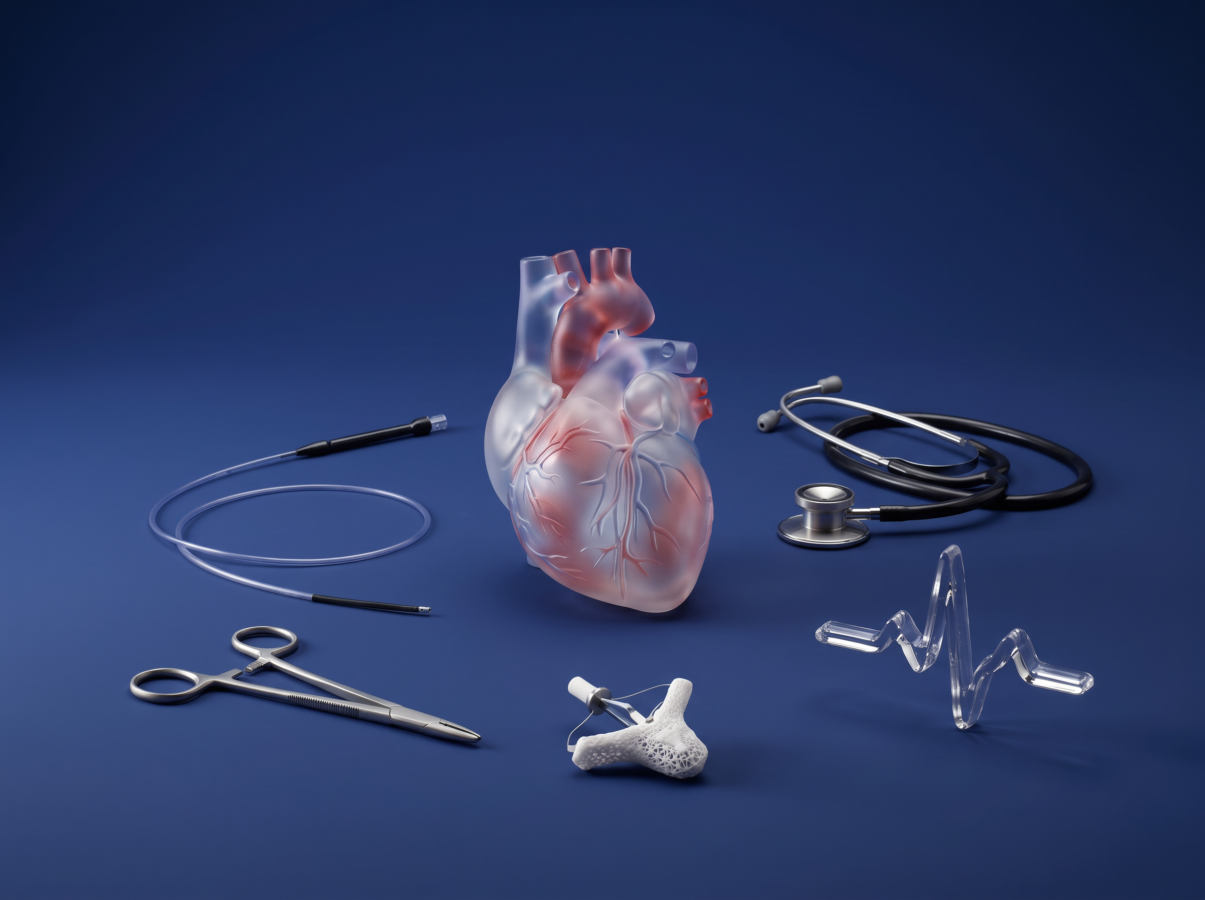 Corazón rodeado de objetos que representan al Heart Team: catéter, estetoscopio, ritmo cardiaco, clip mitral e instrumental quirúrgico