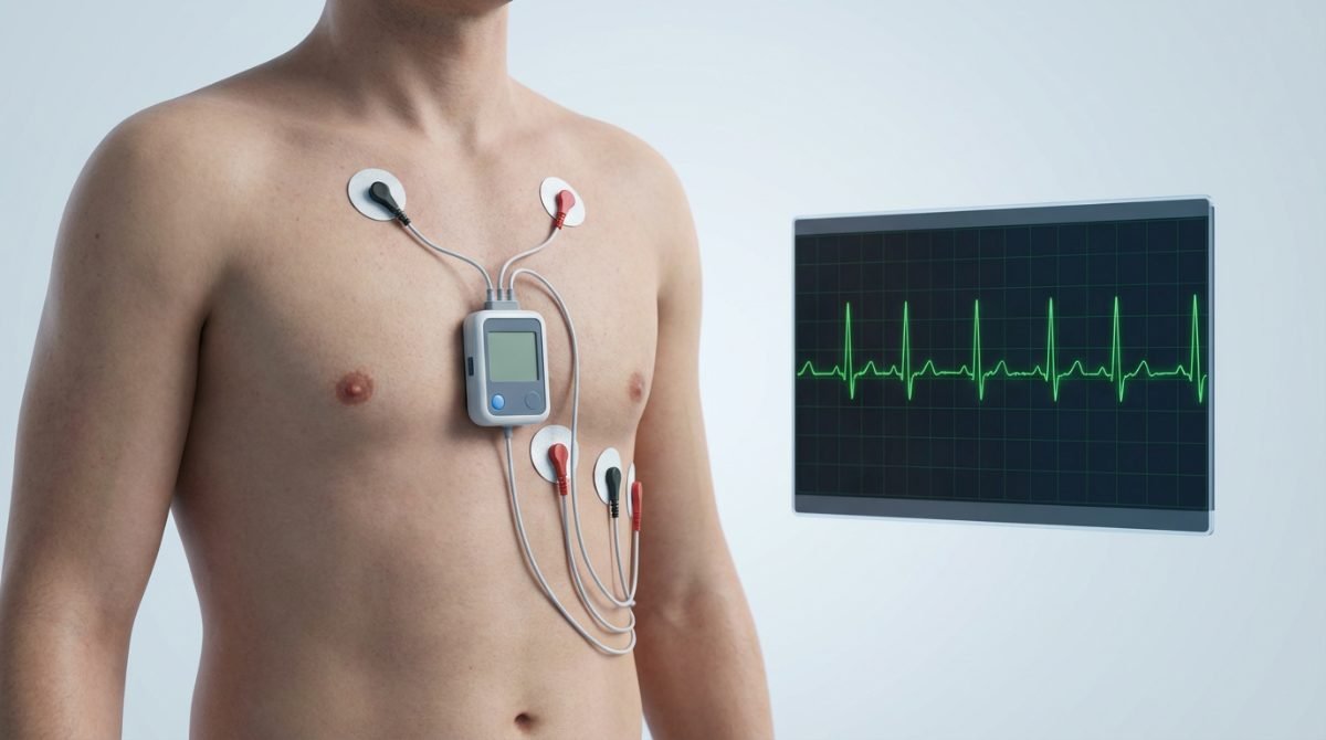 Paciente con un monitor Holter y electrodos en el pecho junto a una pantalla con su trazo cardiaco