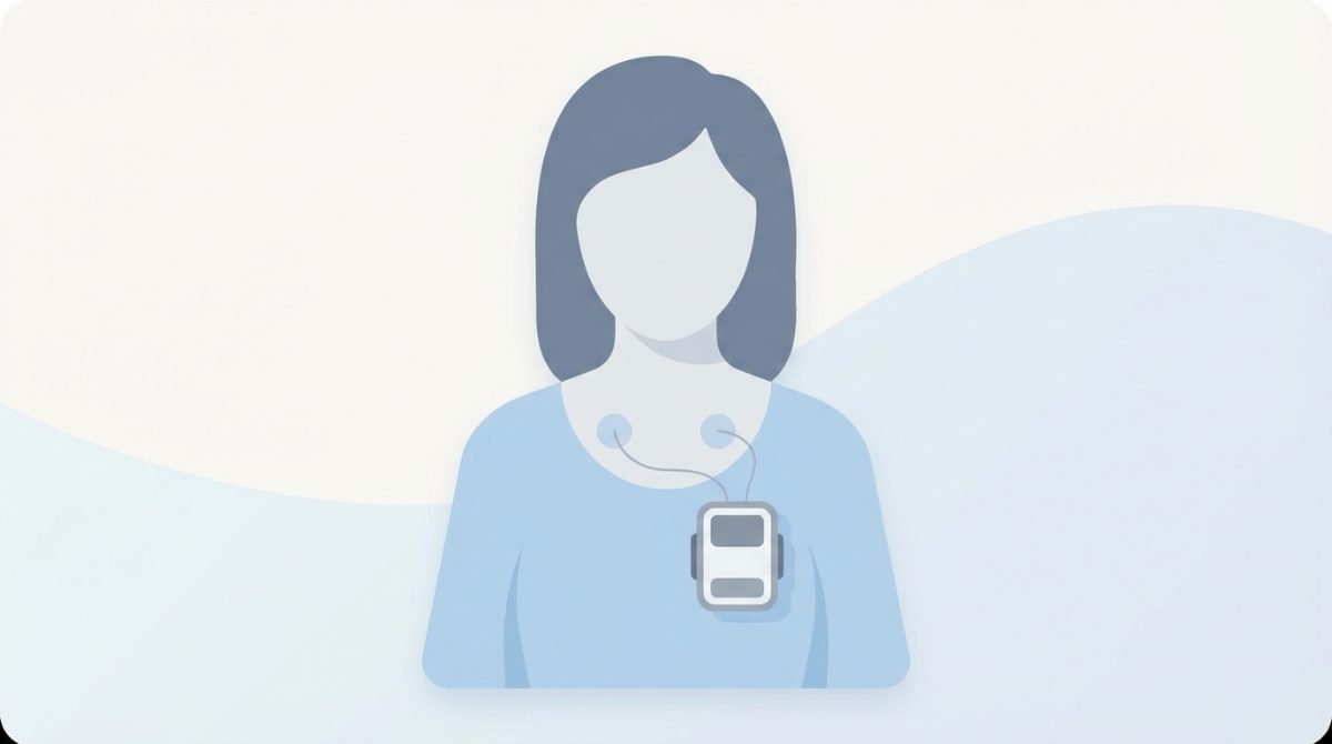 Ilustración de una paciente con un monitor Holter colocado en el pecho