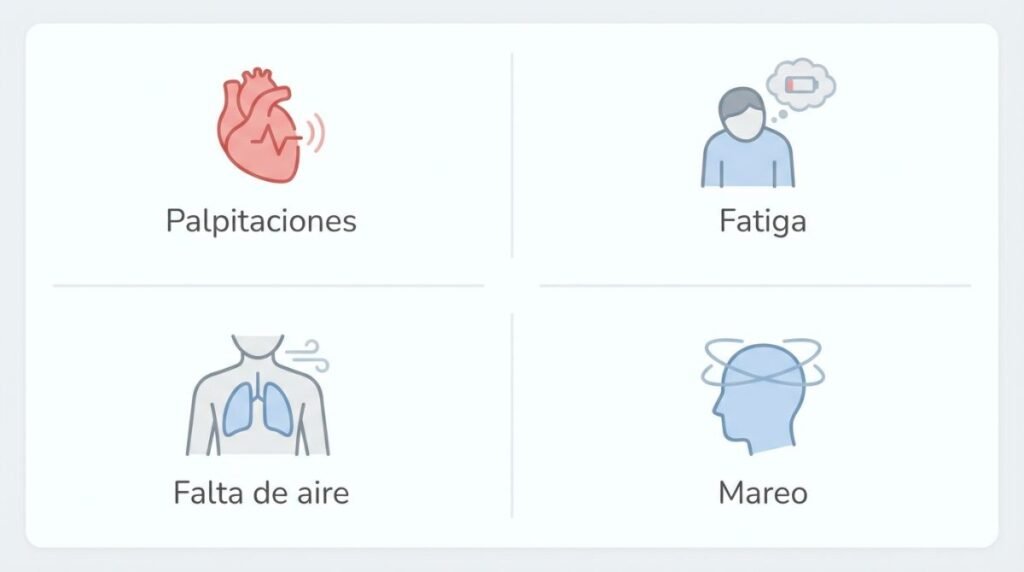 Síntomas frecuentes de una arritmia: palpitaciones, fatiga, falta de aire y mareo