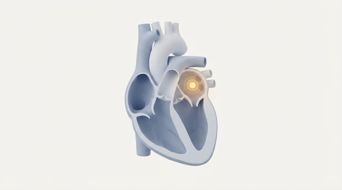 Ilustración del corazón mostrando un foco eléctrico anormal en la aurícula, causa de la taquicardia atrial focal